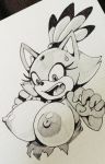  areola big_areola big_breasts big_nipples blaze_the_cat breasts cat clothed clothing fangs feline fur hair jewelry mammal monochrome night0wi nipples open_mouth sonic_(series) surprise sweat torn_clothing torn_topwear 