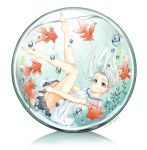  air_bubble artist_name ass blue_eyes bubble commentary_request dress fish full_body glass goldfish haruki_(colorful_macaron) highres in_bubble legs_up original plant plantar_flexion reflection solo submerged water white_dress white_hair 