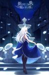  absurdres black_legwear blue_dress closed_mouth dress fantasy fountain from_behind highres long_hair looking_away looking_to_the_side night night_sky original pantyhose red_eyes sagiri_(ulpha220) scenery sky smile solo star_(sky) starry_sky very_long_hair white_hair 
