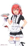  alternate_costume apron bad_id bad_pixiv_id bat_hair_ornament commentary_request cup enmaided failure fang gabriel_dropout hair_ornament hair_rings hand_on_hip high_heels highres holding holding_tray kurumizawa_satanichia_mcdowell maid maid_apron maid_headdress nyaroon open_mouth purple_eyes red_hair saucer solo spilling spoon standing standing_on_one_leg tea teacup thighhighs tray twitter_username white_background white_legwear wrist_cuffs 