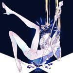  androgynous arms_up bangs blue_eyes blue_hair blunt_bangs crystal full_body gem golden_arms heterochromia high_heels highres houseki_no_kuni knee_up lapis_lazuli_(stone) leg_up looking_at_viewer necktie phosphophyllite phosphophyllite_(ll) plantar_flexion see-through shards short_hair single_thighhigh smile solo spoilers sword thighhighs weapon white_eyes yci 