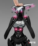  ambiguous_gender blush bnny-runner body_writing doll_joints duo female front_view glowing glowing_eyes gradient_background grey_background half-length_portrait hi_res human machine mammal motion_lines not_furry petting portrait psyk323 robot simple_background solo_focus 