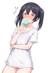  1girl bangs black_hair blush breasts chocolate_mint cleavage cowboy_shot dutch_angle embarrassed eyebrows_visible_through_hair food food_in_mouth hair_between_eyes hair_tie highres hitotsuki_no_yagi holding holding_food looking_at_viewer love_live! love_live!_school_idol_project medium_hair no_pants nose_blush panties pantyshot pantyshot_(standing) pink_panties popsicle red_eyes shirt short_sleeves sidelocks simple_background small_breasts solo standing sweatdrop twintails underwear white_background white_shirt wide-eyed yazawa_nico 