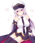  azur_lane black_coat black_legwear black_neckwear blush breasts collared_shirt commentary_request enterprise_(azur_lane) hat head_tilt heart highres large_breasts long_hair looking_at_viewer necktie peaked_cap pointing pointing_at_self purple_eyes qi_ye_shao_yan shirt silver_hair skirt sleeveless sleeveless_shirt smile solo thighhighs 