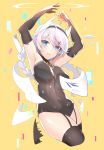  ahoge armpits bad_id bad_pixiv_id bangs bare_shoulders benghuai_xueyuan black_gloves black_hairband black_legwear black_leotard blue_eyes braid breasts commentary_request covered_navel cropped_legs elbow_gloves eyebrows_visible_through_hair garter_straps gloves hair_between_eyes hair_ornament hairband highres honkai_impact huyou_(awegk) kiana_kaslana large_breasts leotard long_hair looking_at_viewer low_twintails parted_lips silver_hair solo thighhighs twin_braids twintails very_long_hair yellow_background 