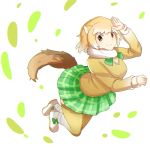  animal_ears arm_up black-tailed_prairie_dog_(kemono_friends) bow brown_hair commentary_request eyebrows_visible_through_hair fur_collar green_neckwear green_skirt highres kemono_friends long_sleeves looking_at_viewer miniskirt plaid plaid_skirt prairie_dog_ears shoe_bow shoes skirt smile solo tail tamiku_(shisyamo609) thighhighs white_background white_footwear 