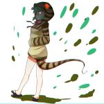  aqua_hair commentary_request from_side full_body geta glowing glowing_eyes hand_in_pocket highres hood hoodie kemono_friends long_sleeves looking_at_viewer purple_neckwear snake_tail solo striped tail tamiku_(shisyamo609) tsuchinoko_(kemono_friends) vertical_stripes white_background 