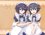  adapted_costume alternate_costume apron black_dress black_hair blush brown_eyes commentary_request dress enmaided hair_between_eyes highres i-13_(kantai_collection) i-14_(kantai_collection) kantai_collection kusana-ry maid maid_apron maid_headdress multiple_girls open_mouth puffy_short_sleeves puffy_sleeves short_hair short_sleeves sweatdrop waist_apron wrist_cuffs 