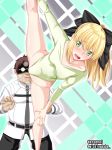  1girl arsenal artist_name artoria_pendragon_(all) bangs belt black_bow blonde_hair blush bow brown_hair chaldea_uniform collarbone eyebrows_visible_through_hair fat fat_man fate/grand_order fate_(series) glasses green_eyes green_leotard gymnastics hair_bow hand_on_own_knee heavy_breathing highres kneeling leg_up leotard long_hair long_sleeves looking_at_another looking_back nail_polish nose_blush open_mouth pink_lips pink_nails saber_lily split standing standing_on_one_leg standing_split 