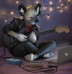  5_fingers aggressive_retsuko anthro brown_fur clothing eyes_closed fur guitar haida hyena jacket leather leather_jacket male mammal musical_instrument sanrio sitting solo tacklebox white_fur 