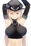  anchor armpits arms_up bismarck_(kantai_collection) black_gloves black_halter_top blonde_hair blue_eyes choker commentary_request detached_sleeves elbow_gloves gloves hat highres kantai_collection kriegsmarine meth_(emethmeth) midriff military_hat peaked_cap smile solo uniform white_background 