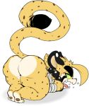  2018 alpha_channel anthro ass_up big_butt butt cheetah digital_media_(artwork) fangs feline fur green_eyes lying male mammal mostly_nude on_front open_mouth pawpads prayer_beads raised_tail simple_background solo spots spotted_fur sweat sweatdrop transparent_background wraps xing_the_cheetah xingscourge yellow_fur yellow_sclera 