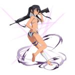  1girl :p ass band bikini black_hair blue_eyes facial_mark from_behind full_body gun highres looking_back official_art pitohui_(sao) ponytail rifle solo standing swimsuit sword_art_online sword_art_online_alternative:_gun_gale_online weapon white_background 