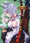  animal_ears arched_back ass back baggy_pants bandages bare_shoulders branch breasts bridal_gauntlets commentary_request cup detached_sleeves eyebrows_visible_through_hair food food_on_face from_above from_side grey_hair hat highres hip_vent holding holding_cup holding_food inubashiri_momiji japanese_clothes kittona leaf looking_at_viewer medium_breasts millipen_(medium) neck onigiri open_mouth pants pom_pom_(clothes) red_eyes ribbon-trimmed_sleeves ribbon_trim sarashi sheath sheathed shirt short_hair sideboob sideways_glance sitting sitting_on_branch sleeveless sleeveless_shirt solo sword tail tokin_hat touhou traditional_media watercolor_(medium) watercolor_pencil_(medium) weapon weapon_on_back white_shirt wide_sleeves wolf_ears wolf_tail 
