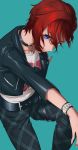  bangs belt blue_eyes bracelet choker idolmaster idolmaster_million_live! jacket jewelry julia_(idolmaster) leather leather_jacket looking_at_viewer mimizubare necklace pants plaid plaid_pants red_hair short_hair simple_background solo thigh_strap 