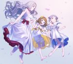  barefoot bloomers blue_eyes brown_hair choker dress full_body hair_ornament holding_hands idolmaster idolmaster_million_live! long_hair makabe_mizuki mimizubare multiple_girls open_mouth purple_hair red_eyes ribbon shijou_takane short_hair silver_hair suou_momoko underwear white_dress yellow_eyes 