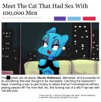  2018 anthro bedroom_eyes cartoon_network cat clothing dbaru dress ear_piercing english_text fake_news feline female half-closed_eyes hi_res interview looking_aside mammal mature_female nicole_watterson open_mouth parody piercing seductive smile solo text the_amazing_world_of_gumball whiskers 