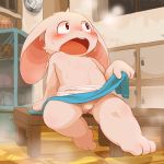  anthro blush bulge clothed clothing cub fur lagomorph male mammal moketiw navel open_mouth rabbit sauna sitting solo sweat topless towel underwear white_fur young 