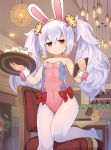  :&lt; animal_ears azur_lane bangs bird bottle breasts bunny_ears bunnysuit chair chick commentary covered_navel hair_between_eyes hairband highres indoors laffey_(azur_lane) lavender_hair long_hair looking_at_viewer milk no_shoes pantyhose red_eyes small_breasts solo tray tsubasa_tsubasa twintails white_legwear wrist_cuffs 