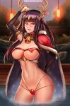  alternate_costume antlers areola_slip areolae arm_behind_back badcompzero bell bell_collar black_hair breasts cape collar elbow_gloves fake_antlers fire_emblem fire_emblem:_kakusei fire_emblem_heroes fur_cape fur_trim gloves heart heart_pasties highres lantern looking_at_viewer navel ornament pasties smile solo star star_print stomach tharja thigh_gap thong tiara 