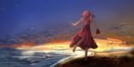  barefoot beach blue_sky blurry cloud commentary depth_of_field dress english_commentary facing_away facing_to_the_side from_behind head_tilt highres holding holding_shoes ocean outdoors outstretched_arms red_dress red_hair sara_(touhou) shoes shoes_removed short_hair short_sleeves shounen_(hogehoge) side_ponytail sky solo spread_arms sunset touhou touhou_(pc-98) twilight walking walking_away 