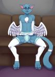  anthro blue_eyes blue_fur butt cat chest_tuft exceed fairy_tail feline flaccid freelapse fur glowing glowing_penis happy_(fairy_tail) long_tail male mammal muscular penis tuft white_fur wings 