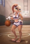  3_toes ball basketball blonde_hair blue_eyes breasts buckteeth cleavage clothed clothing dolphydolphiana female gloves hair hand_on_hip lagomorph lola_bunny looney_tunes mammal rabbit signature smile solo space_jam teeth toes warner_brothers 