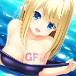  blonde_hair blue_eyes body_writing breasts chloe_lemaire cleavage commentary_request copyright_name girlfriend_(kari) iwamoto_sora long_hair open_mouth partially_submerged school_swimsuit smile solo swimsuit upper_body water 