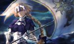  armor armored_dress artist_name blonde_hair blue_dress blue_eyes bow braid chain commentary dress fate/apocrypha fate/grand_order fate_(series) faulds flag gauntlets hair_bow headpiece holding holding_flag jeanne_d'arc_(fate) jeanne_d'arc_(fate)_(all) long_braid long_hair plackart sanii_oaisep single_braid standard_bearer 