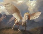  2018 avian blonde_hair bra1neater cloud day detailed_background digital_media_(artwork) feathered_wings feathers fur grass hair hippogryph male outside sky solo white_feathers white_fur wings 