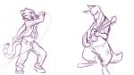  2018 ambiguous_gender anthro barefoot clothed clothing disney duo fan_character feline guitar holding_microphone holding_object ittybittykittytittys kangaroo mammal marsupial microphone monochrome musical_instrument open_jacket open_mouth playing_guitar playing_music purple_and_white simple_background singing tiger white_background zootopia 