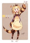  :d absurdres ahoge arm_up barefoot blonde_hair blush commentary_request dated drawstring enk_0822 eyebrows_visible_through_hair fang full_body highres hood hoodie japari_symbol kemono_friends leggings long_sleeves looking_at_viewer open open_mouth original oversized_clothes red_eyes scientific_name short_hair signature smile snake_tail solo striped tail tiptoes translation_request twintails waving western_blue-tongued_skink_(kemono_friends)_(enk_0882) 