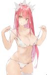  absurdres ass_visible_through_thighs bangs bikini blunt_bangs breasts cleavage commentary_request crown fate/grand_order fate_(series) highres long_hair looking_at_viewer medb_(fate)_(all) medb_(fate/grand_order) medium_breasts pink_hair pisuta_(yamashiro) smile solo swimsuit thighhighs tiara yellow_eyes 