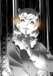  animal_ears aura bangs black-tailed_prairie_dog_(kemono_friends) commentary dark_aura evil_smile finger_to_mouth fur_collar glowing glowing_eyes greyscale halftone highres kaya_(nari1-24) kemono_friends long_sleeves looking_at_viewer monochrome orange_eyes pointing pointing_up prairie_dog_ears short_hair shushing smile solo standing upper_body yellow_eyes 