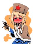 blonde_hair blue_eyes blush broken_bottle capelet commentary drowsy drunk full-face_blush fur_hat girls_frontline gloves hair_ornament hat highres holding long_hair low_twintails open_mouth ppsh-41_(girls_frontline) red_star simple_background solo twintails ushanka voodoowood 