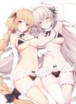 2girls ahoge arm_up asymmetrical_docking bangs black_bow black_bra black_panties blonde_hair blush bow bra braid breast_press breast_suppress breasts cleavage closed_mouth detached_collar elbow_gloves eyebrows_visible_through_hair fate/apocrypha fate/grand_order fate_(series) frilled_gloves frills gloves hair_bow hand_on_own_stomach hand_on_own_thigh jeanne_d&#039;arc_(alter)_(fate) jeanne_d&#039;arc_(fate) jeanne_d&#039;arc_(fate)_(all) large_breasts leg_garter long_hair looking_at_viewer lying maid_headdress miko_92 multiple_girls navel on_back panties purple_eyes sidelocks silver_hair simple_background single_braid single_thighhigh smile stomach thighhighs underwear very_long_hair white_background white_gloves white_legwear yellow_eyes 