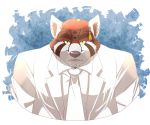  anthro brown_fur bust_portrait clothed clothing fur green_eyes hat inner_ear_fluff looking_at_viewer mammal necktie open_mouth peter_gabriel portrait red_panda rikitsu sherman_&quot;sorbet&quot;_bachelor simple_background solo suit textured_background white_suit 