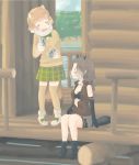  american_beaver_(kemono_friends) animal_ears bare_shoulders beaver_ears beaver_tail bike_shorts bike_shorts_under_shorts black-tailed_prairie_dog_(kemono_friends) boots bow bowtie bra brown_hair commentary elbow_gloves eyebrows_visible_through_hair food fur_collar gloves hair_ornament hairclip hasu_(zatsugami) highres japari_bun kemono_friends light_brown_hair log_cabin long_hair long_sleeves multicolored_hair multiple_girls plaid plaid_skirt pleated_skirt prairie_dog_ears prairie_dog_tail shoe_bow shoes short_hair short_shorts shorts sitting skirt standing sweater tail thighhighs underwear vest white_hair 