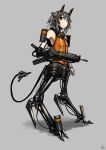  amputee brown_eyes cyborg from_side gia grey_background grey_hair gun headgear headphones highres looking looking_at_viewer mechanical_legs orange_shirt original prosthesis shirt short_hair simple_background sleeveless solo standing tail weapon 