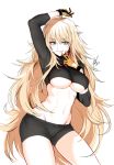  :p :q abs arm_up bangs bike_shorts black_shorts blonde_hair blush breasts cropped_shirt eyebrows_visible_through_hair fingers_to_cheek girls_frontline gloves green_eyes groin hair_between_eyes hairband hips long_hair long_sleeves looking_at_viewer md5_mismatch messy_hair no_bra orange_hairband ribs s.a.t.8_(girls_frontline) seductive_smile shorts sidelocks signature simple_background skindentation smile solo stomach taesi thighs tongue tongue_out underboob very_long_hair white_background 