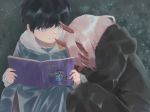  1girl black_cloak black_hair blue_eyes book cloak closed_eyes commentary_request couple darling_in_the_franxx hetero hiro_(darling_in_the_franxx) holding holding_book hood hooded_cloak horns long_hair looking_at_viewer oni_horns open_book parka pink_hair red_horns red_skin sleeping sleeping_on_person spoilers user_zmkc4443 younger zero_two_(darling_in_the_franxx) 