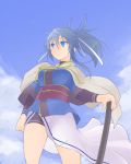  bike_shorts blue_eyes blue_hair blue_kimono cape cloud hair_ribbon imura_(shiro_maru) japanese_clothes kimono long_hair looking_afar obi original ponytail ribbon sash shiro_maru short_kimono sky solo wind 