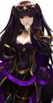  black_dress black_feathers black_hair bodystocking bow breasts cleavage dress finger_biting fire_emblem fire_emblem:_kakusei fire_emblem_heroes hair_ornament highres jewelry looking_at_viewer ormille purple_bow purple_eyes tharja 
