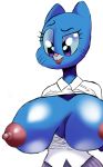  2018 absurd_res anthro big_breasts blue_fur breasts cartoon_network cat clothed clothing digital_media_(artwork) exposed_breasts feline female fur hi_res isolatedartest_(artist) lipstick makeup mammal mature_female nicole_watterson nipples open_shirt puffy_nipples purple_eyes raised_eyebrow simple_background solo the_amazing_world_of_gumball whiskers white_background 