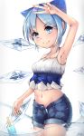  absurdres alternate_costume arm_above_head armpits bare_shoulders blue_eyes blue_hair blue_ribbon cirno commentary_request contemporary crop_top food hair_ribbon highres hiyashi_mikan ice ice_wings midriff navel panties panty_peek popsicle ribbon short_hair short_shorts shorts smile solo striped striped_panties touhou unbuttoned underwear unzipped v wading water white_background wings 