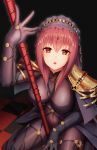  bodysuit breasts checkered checkered_floor covered_navel fate/grand_order fate_(series) gae_bolg highres holding holding_weapon large_breasts long_hair looking_at_viewer open_mouth pauldrons polearm purple_bodysuit purple_hair red_eyes scathach_(fate)_(all) scathach_(fate/grand_order) shoron shoulder_armor sitting spear veil wariza weapon 
