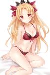  bangs bare_arms bare_shoulders bed_sheet blonde_hair blush bow bow_bra bra breasts cleavage closed_mouth collarbone commentary earrings ereshkigal_(fate/grand_order) fate/grand_order fate_(series) hair_bow head_tilt infinity jewelry long_hair looking_at_viewer medium_breasts navel necklace necktie nikoo panties parted_bangs red_bow red_bra red_eyes red_panties sitting skull solo tiara two_side_up underwear underwear_only very_long_hair yokozuwari 