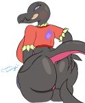 2018 anthro big_breasts big_butt blush bottomless breasts butt butt_grab clothed clothing cosmicscourge fan_character female hand_on_butt huge_breasts huge_butt nintendo pok&eacute;mon pok&eacute;mon_(species) presenting presenting_pussy pussy rear_view salazzle shirt slightly_chubby solo thick_thighs tongue tongue_out video_games voluptuous wide_hips 