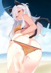  :o absurdres animal_ears ass asura_(moepeach) back bangs bare_legs bare_shoulders barefoot beach beach_umbrella bikini bikini_pull blue_sky blush braid breasts cameltoe cat_ears cat_tail cloud commentary_request covered_nipples day eyebrows_visible_through_hair fate/grand_order fate_(series) feet from_behind hair_between_eyes half-closed_eyes highres kemonomimi_mode large_breasts long_hair looking_at_viewer looking_back ocean olga_marie_animusphere open_mouth orange_bikini outdoors partially_visible_vulva sand side_braid sideboob skindentation sky soles solo swimsuit tail toes tongue umbrella underboob upper_teeth water wet white_hair yellow_eyes 