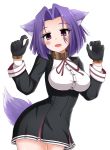  animal_ears black_gloves blush breasts collar dog_ears dog_tail eyebrows_visible_through_hair fang frozenpile gloves highres kantai_collection large_breasts long_sleeves looking_at_viewer mole mole_under_eye open_mouth purple_eyes purple_hair smile solo tail tatsuta_(kantai_collection) 